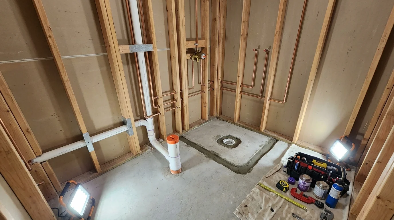 Bathroom rough-in plumbing during remodel by Johns Plumbing LLC in Englewood