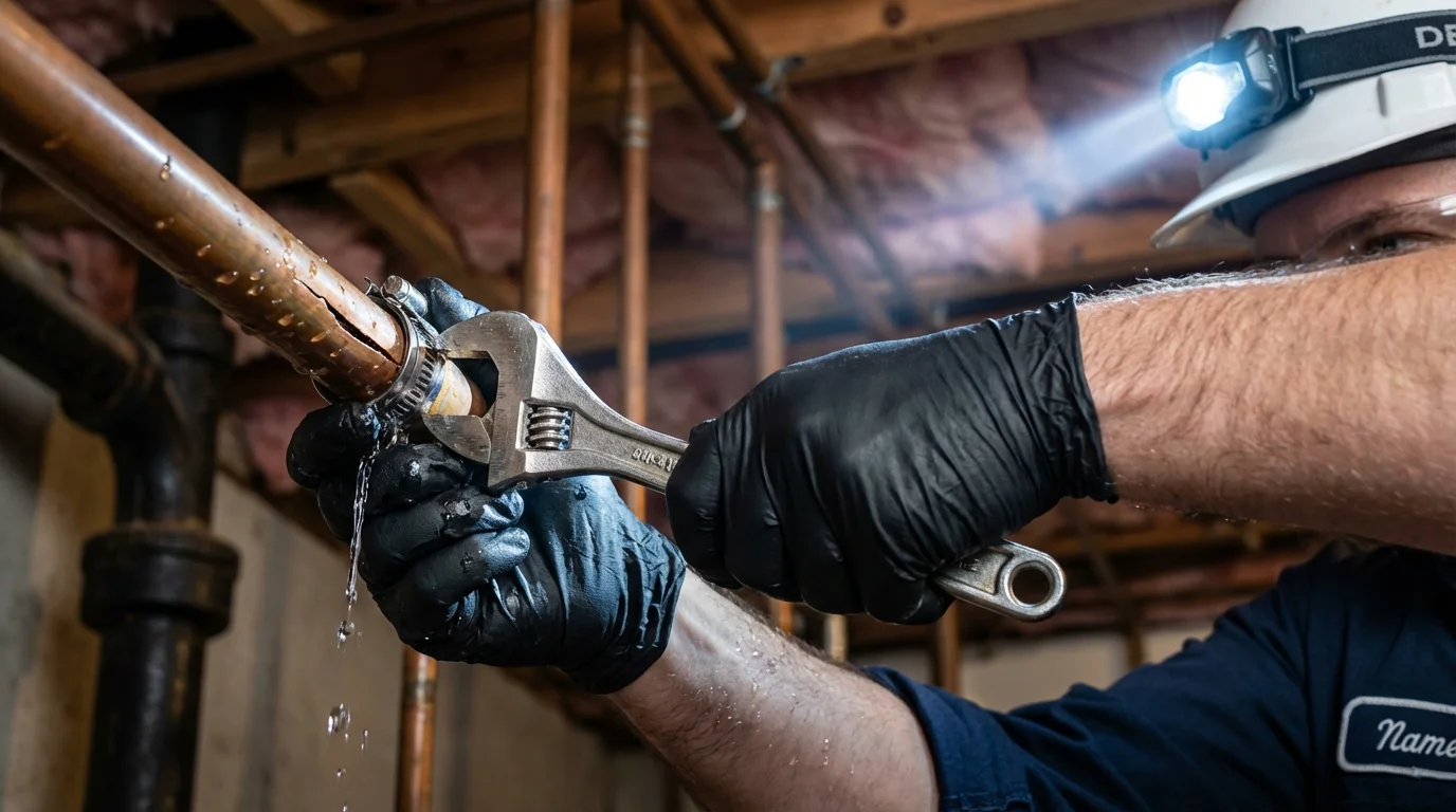 Emergency pipe clamp repair being performed by a Johns Plumbing LLC plumber in Englewood