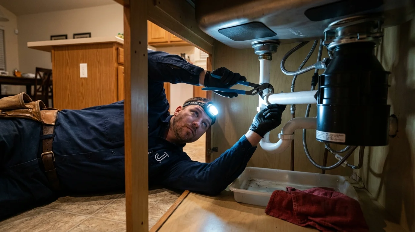 P-trap and supply line connections under a kitchen sink showing a common leak point in Englewood, TN